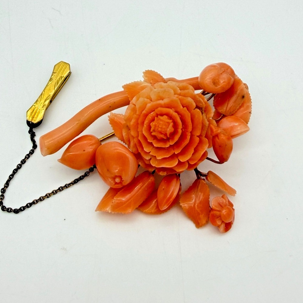 Antique Victorian Gold Angel Skin Coral Floral Bouquet Brooch C Clasp Dangle